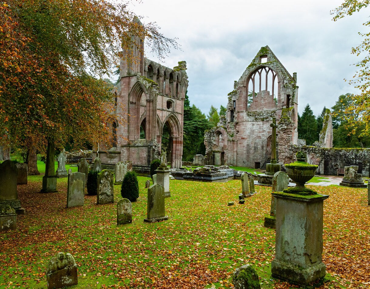 Stone ruins of Dryburgh Abbey with gravestones and colorful fall foliage.